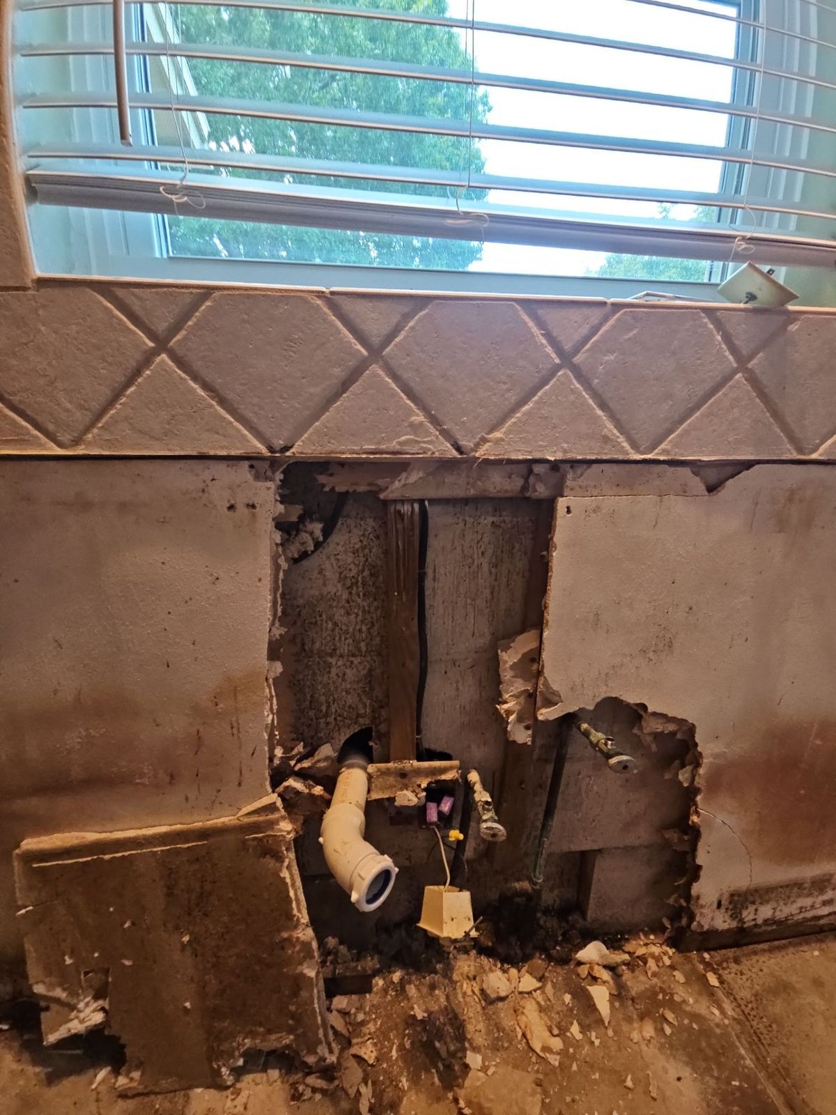 Open wall cavity behind a kitchen sink showing the drain line and mold-stained framing after the drywall was removed