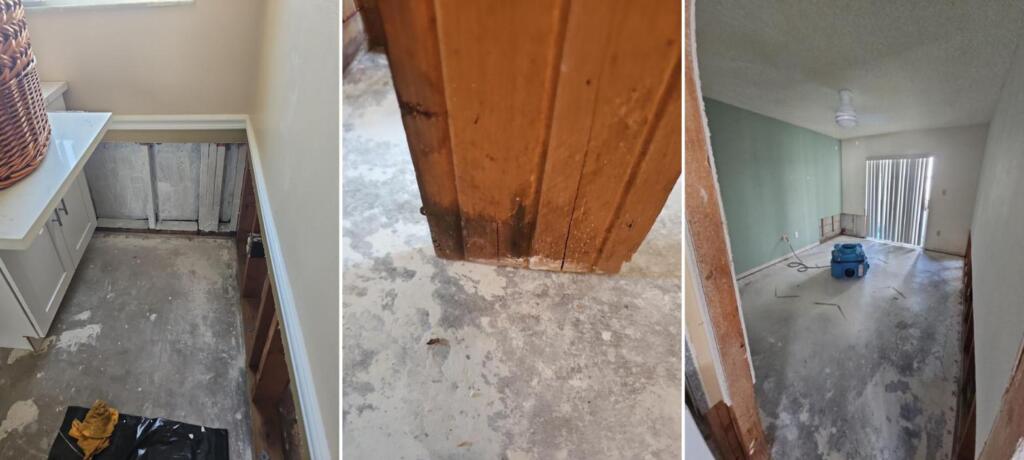 A Cape Canaveral kitchen with lower cabinets and flooring removed, water-stained framing at the base of a wall, and a living room with flood-cut drywall and an air mover running