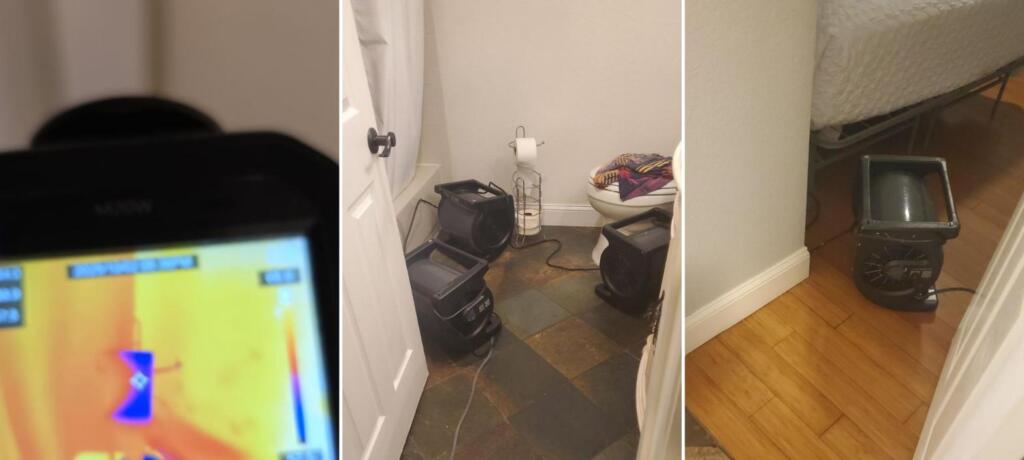 A thermal camera showing moisture in a condo wall, air movers running in a condo bathroom, and an air mover drying under a bed in a bedroom