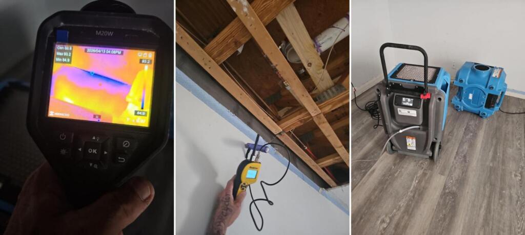 A thermal camera screen showing a cold wet patch in a ceiling, the ceiling opened to the framing with a moisture meter held against the drywall, and a dehumidifier and air mover drying the room