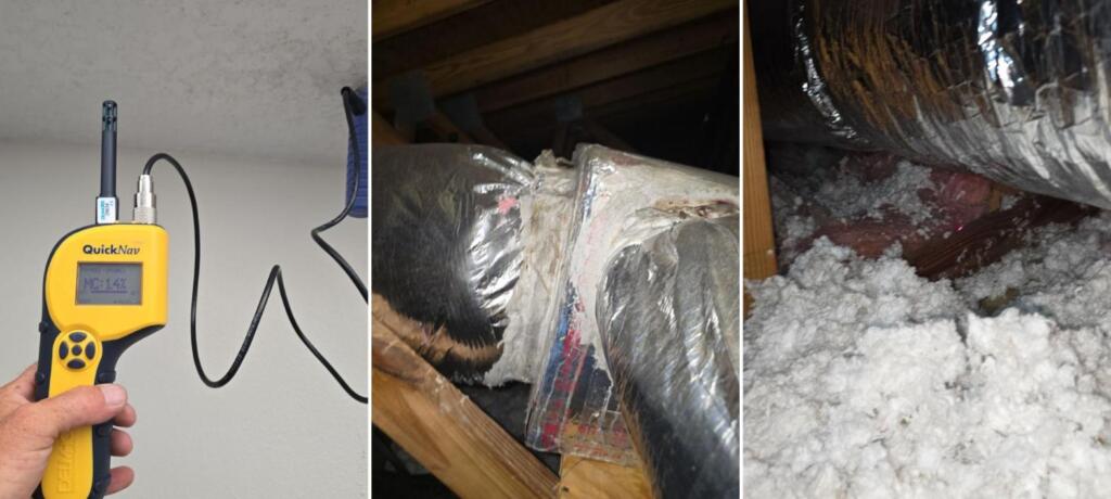 A moisture meter reading a ceiling in a Satellite Beach home, stained and matted duct insulation in the attic above, and blown insulation around a duct run